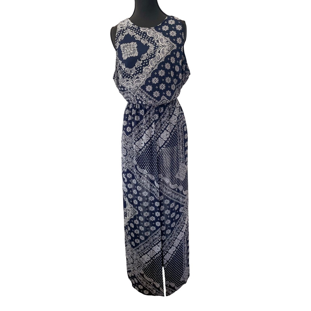 New York & Company Maxi Skort Romper Women XL Blue‎ Bandana Print Overlay